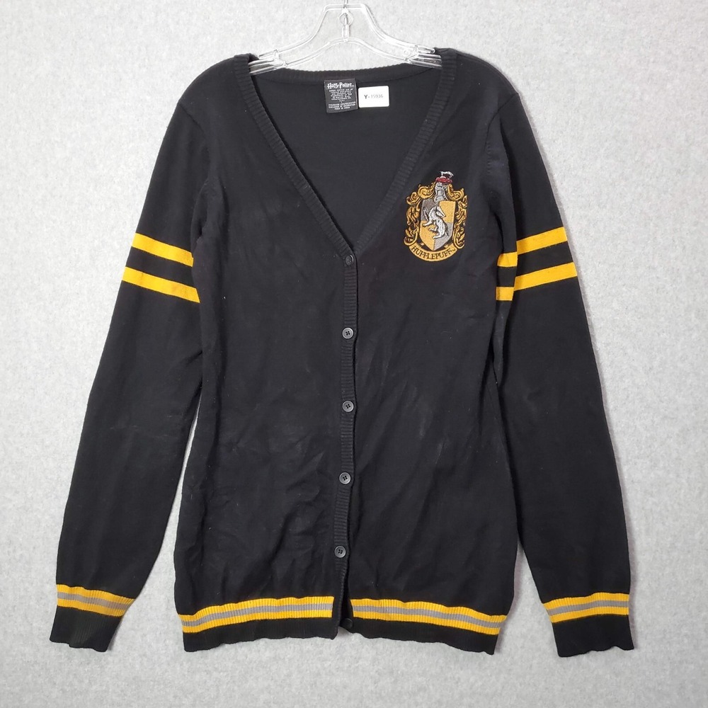 Harry Potter Women Sweater Large Black Cardigan Logo Huflepuff READ